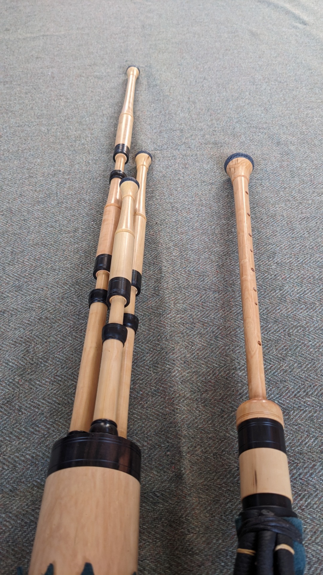 Boxwood, blackwood mounts& ferrules. Aged celtic silver drone ends and chanter sole